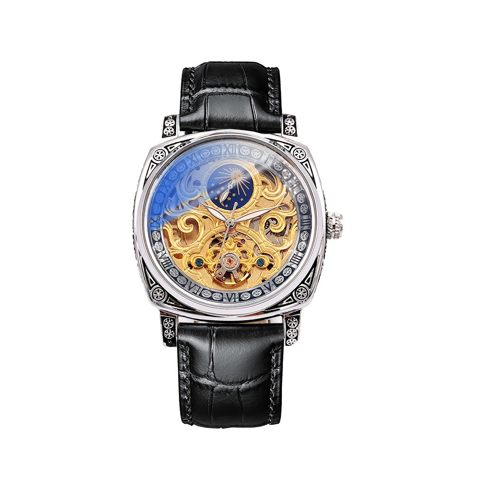 ساعة رجالية ميكانيكية أوتوماتيكية بتصميم مفتوح، بمؤشر القمر ووظيفة الإضاءة الليلية، وحزام جلد أنيق للاستخدام اليومي والكاجوال.