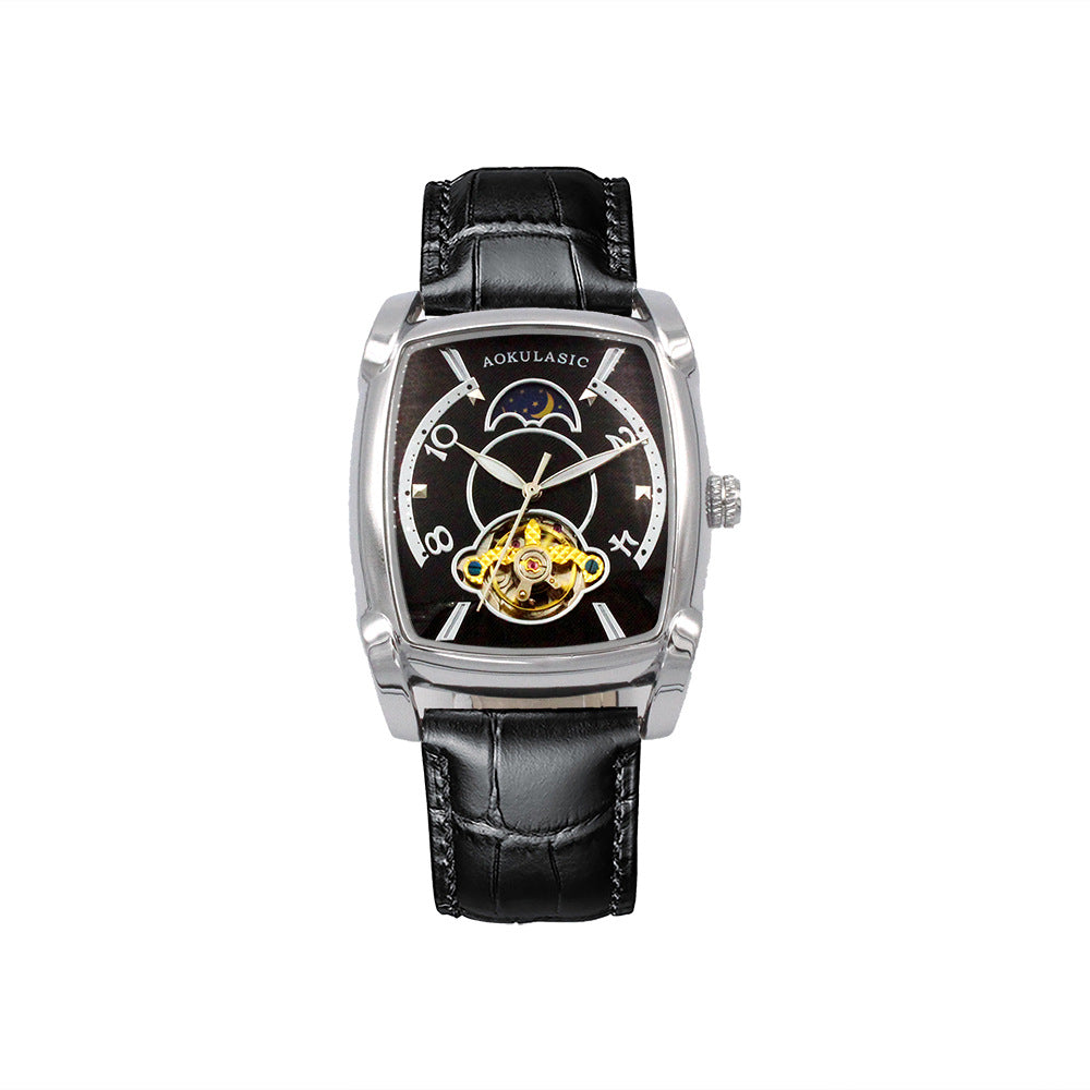 ساعة رجالية جلدية كاجوال فخمة بميناء مربع كبير وحركة ميكانيكية أوتوماتيكية