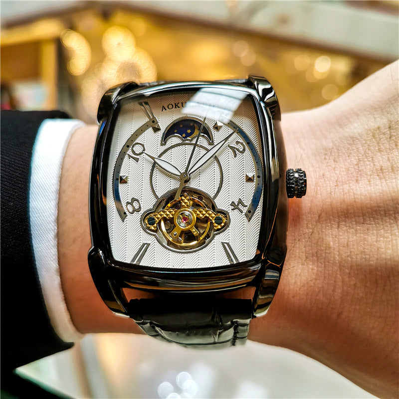 ساعة رجالية جلدية كاجوال فخمة بميناء مربع كبير وحركة ميكانيكية أوتوماتيكية