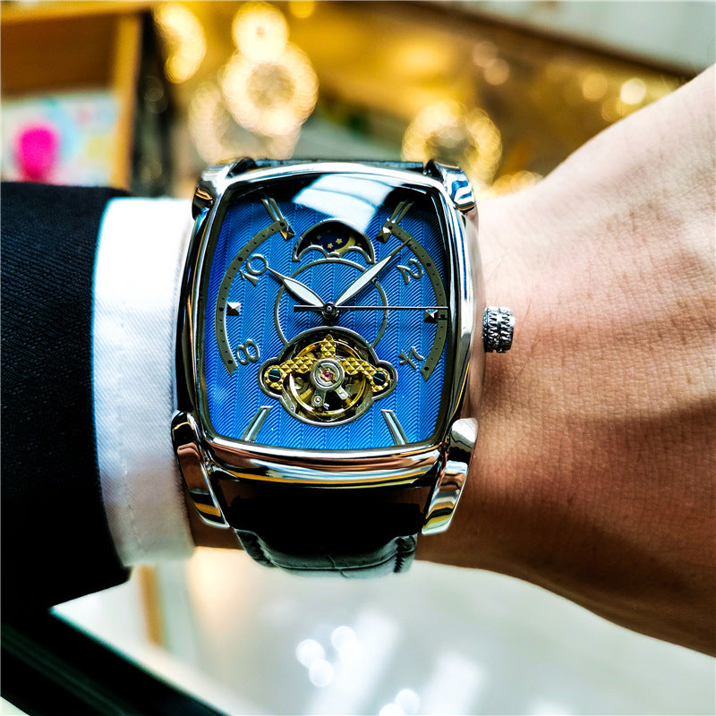 ساعة رجالية جلدية كاجوال فخمة بميناء مربع كبير وحركة ميكانيكية أوتوماتيكية