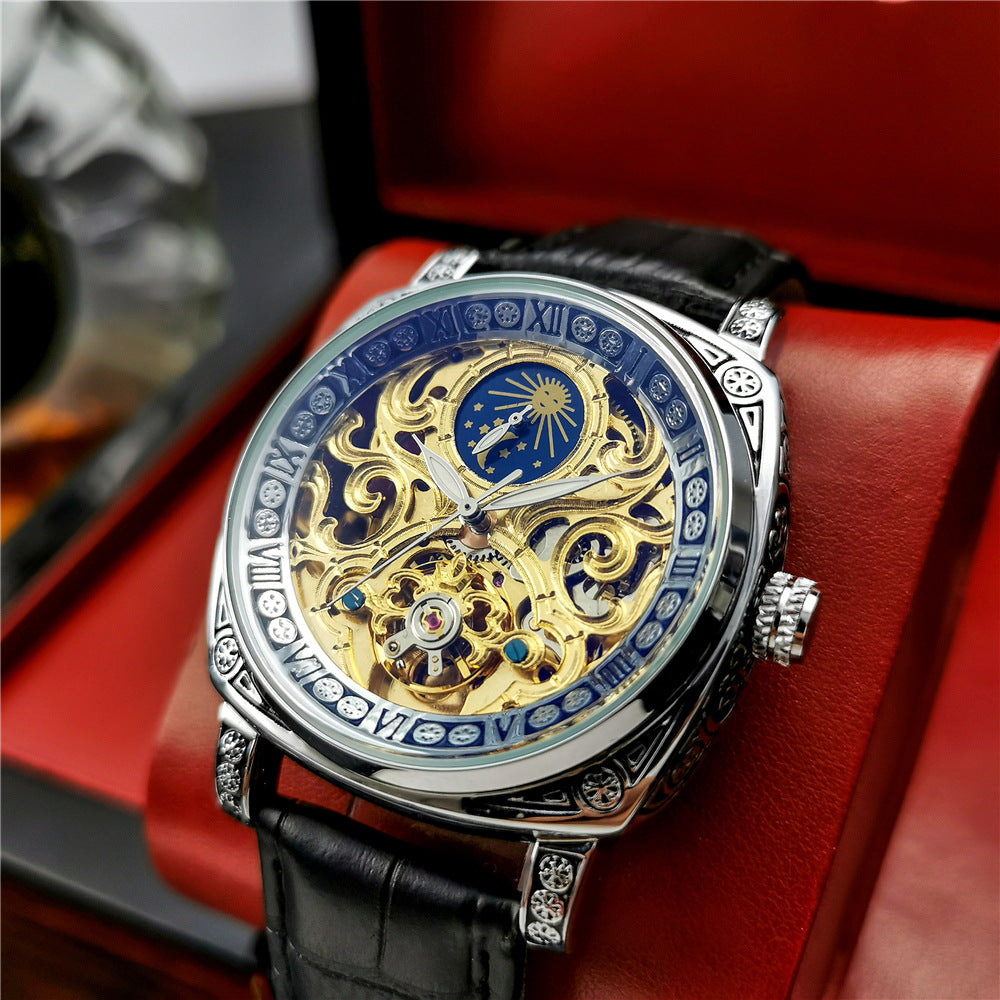 ساعة رجالية ميكانيكية أوتوماتيكية بتصميم مفتوح، بمؤشر القمر ووظيفة الإضاءة الليلية، وحزام جلد أنيق للاستخدام اليومي والكاجوال.