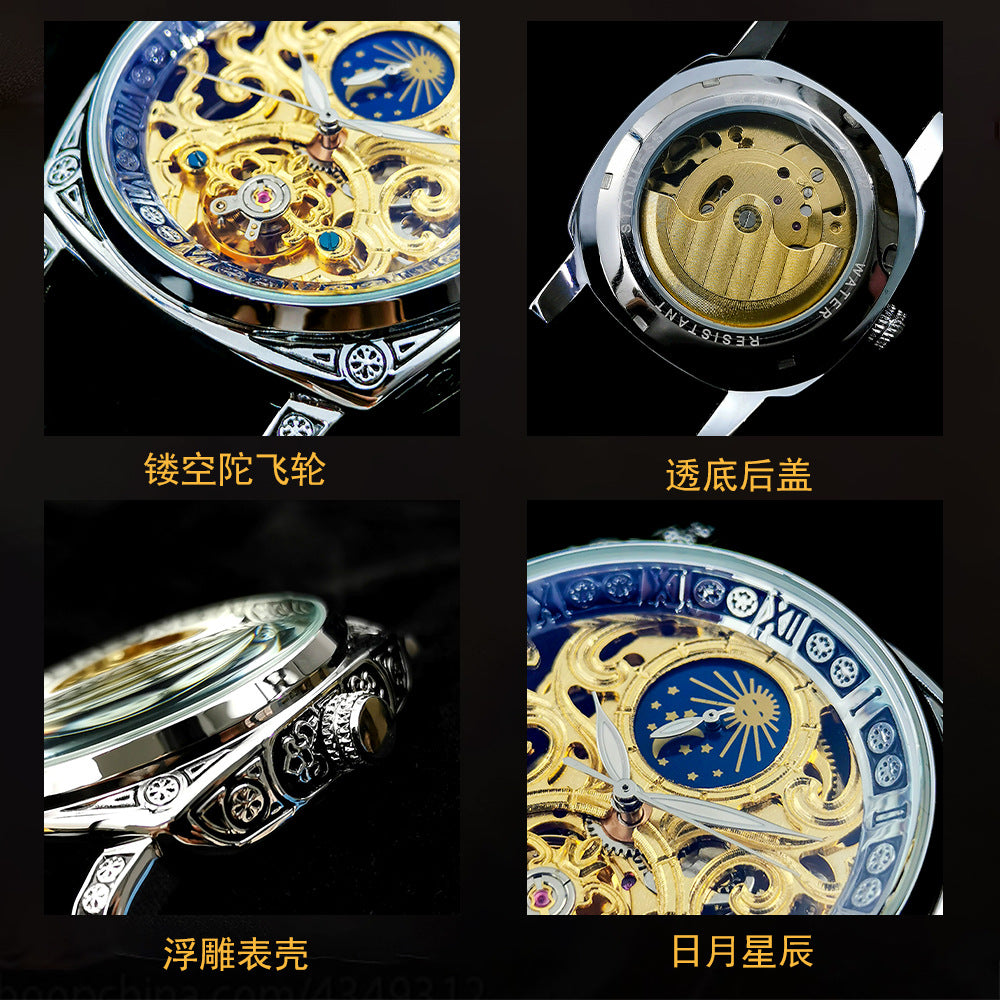 ساعة رجالية ميكانيكية أوتوماتيكية بتصميم مفتوح، بمؤشر القمر ووظيفة الإضاءة الليلية، وحزام جلد أنيق للاستخدام اليومي والكاجوال.