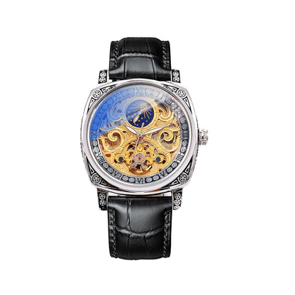 ساعة رجالية ميكانيكية أوتوماتيكية بتصميم مفتوح، بمؤشر القمر ووظيفة الإضاءة الليلية، وحزام جلد أنيق للاستخدام اليومي والكاجوال.