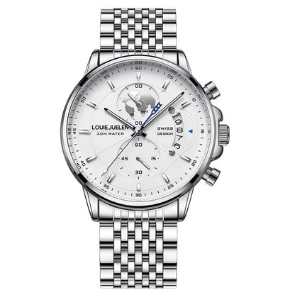 ساعة رجالية بثلاث عدادات، كرونوغراف، جلد مقاوم للماء