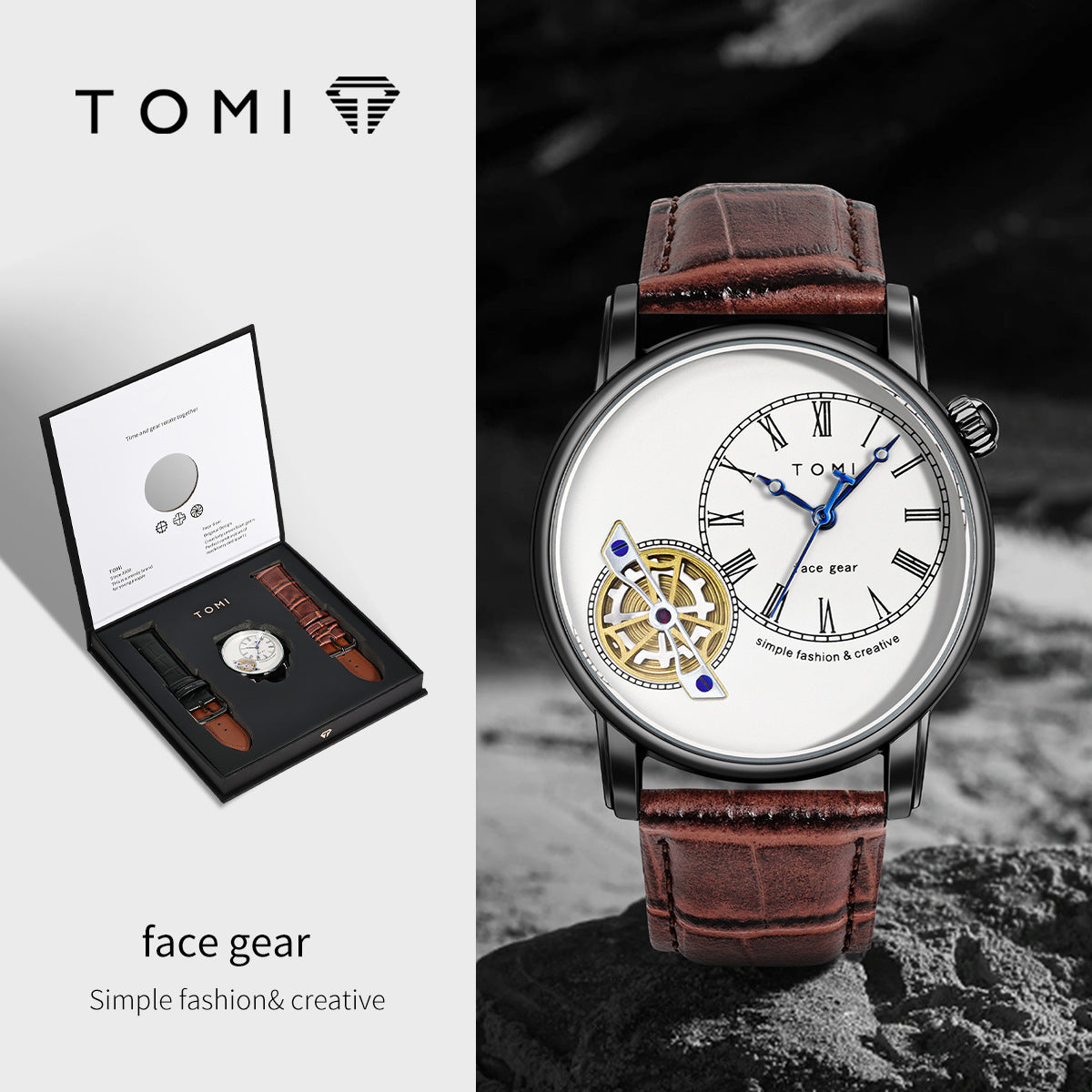 ساعة TOMI الجديدة - سيريس Face Gear | ساعة رجالية كوارتز بسوار جلد مقاومة للماء