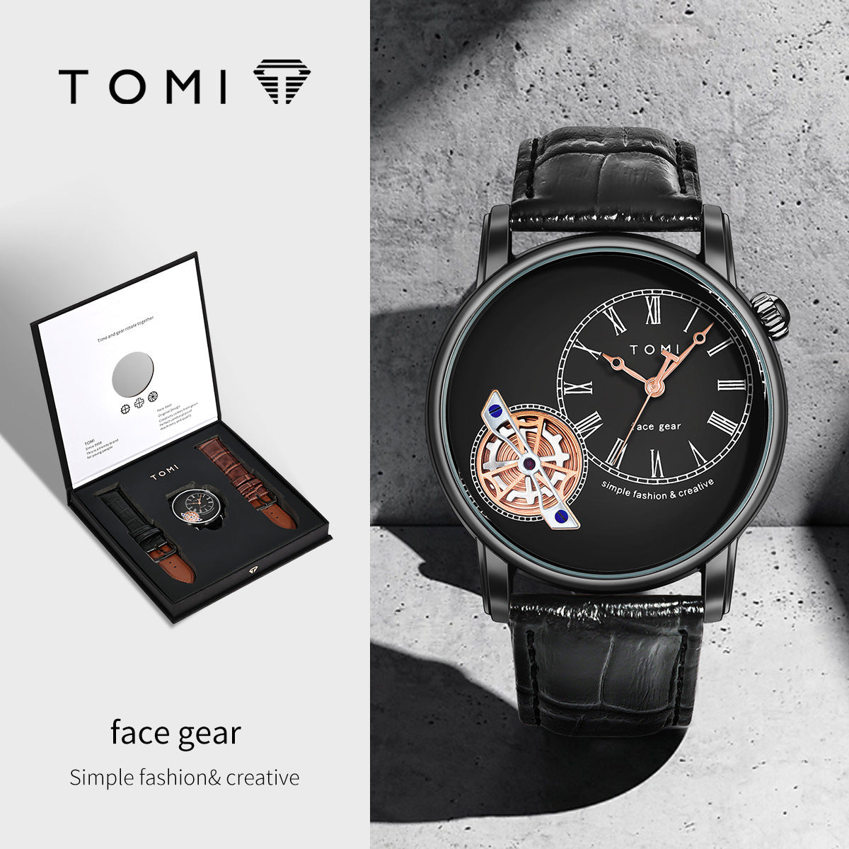 ساعة TOMI الجديدة - سيريس Face Gear | ساعة رجالية كوارتز بسوار جلد مقاومة للماء