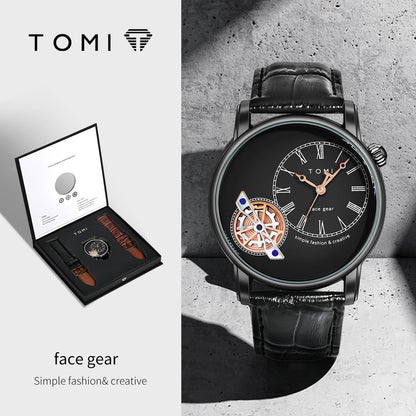ساعة TOMI الجديدة - سيريس Face Gear | ساعة رجالية كوارتز بسوار جلد مقاومة للماء