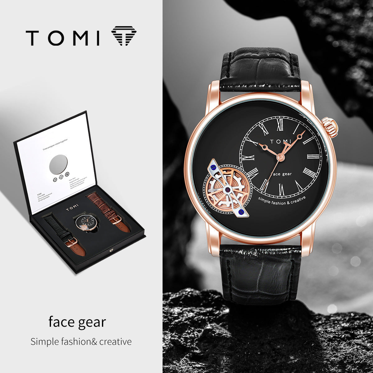 ساعة TOMI الجديدة - سيريس Face Gear | ساعة رجالية كوارتز بسوار جلد مقاومة للماء