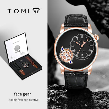 ساعة TOMI الجديدة - سيريس Face Gear | ساعة رجالية كوارتز بسوار جلد مقاومة للماء