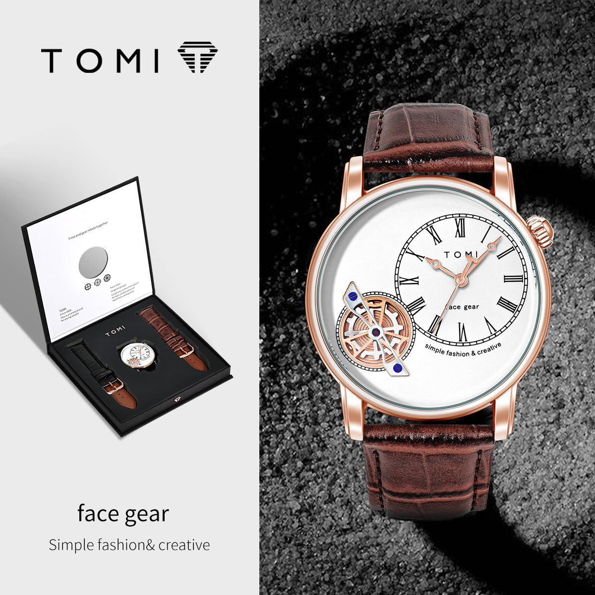 ساعة TOMI الجديدة - سيريس Face Gear | ساعة رجالية كوارتز بسوار جلد مقاومة للماء