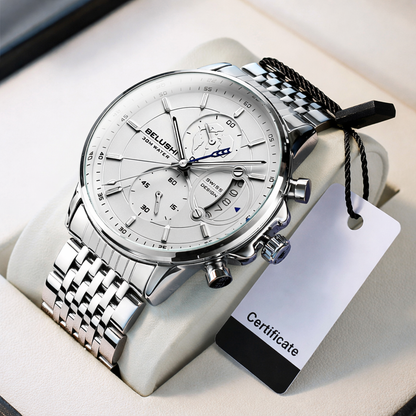 ساعة رجالية بثلاث عدادات، كرونوغراف، جلد مقاوم للماء