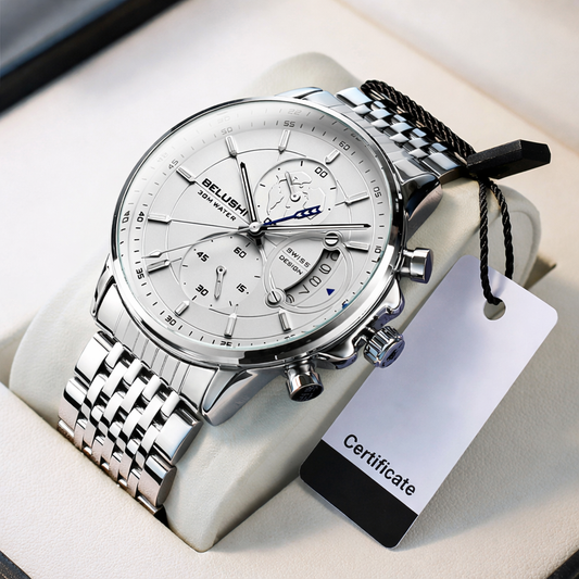 ساعة رجالية بثلاث عدادات، كرونوغراف، جلد مقاوم للماء