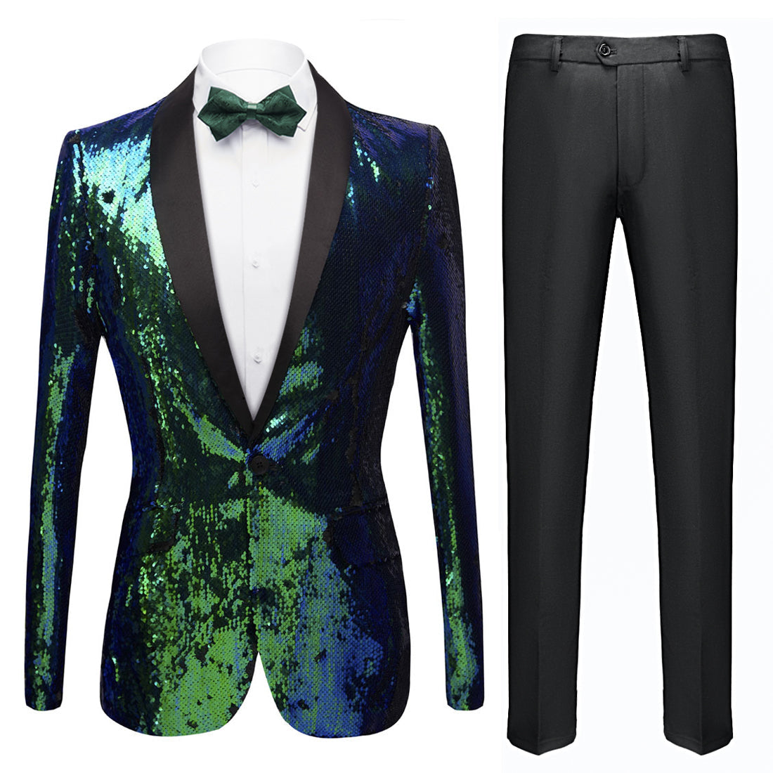 green sequin tuxedo details