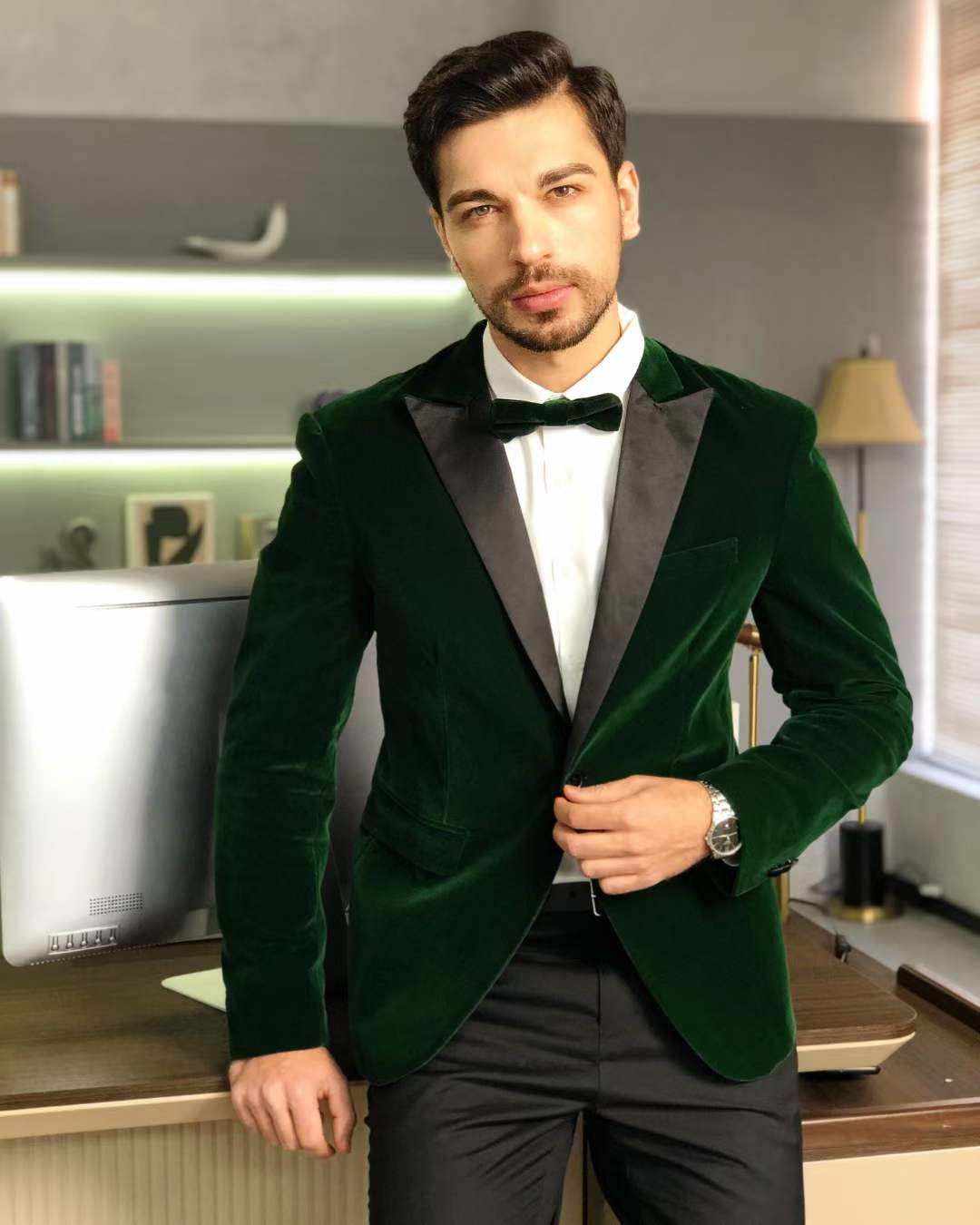 mens green velvet blazer - 2