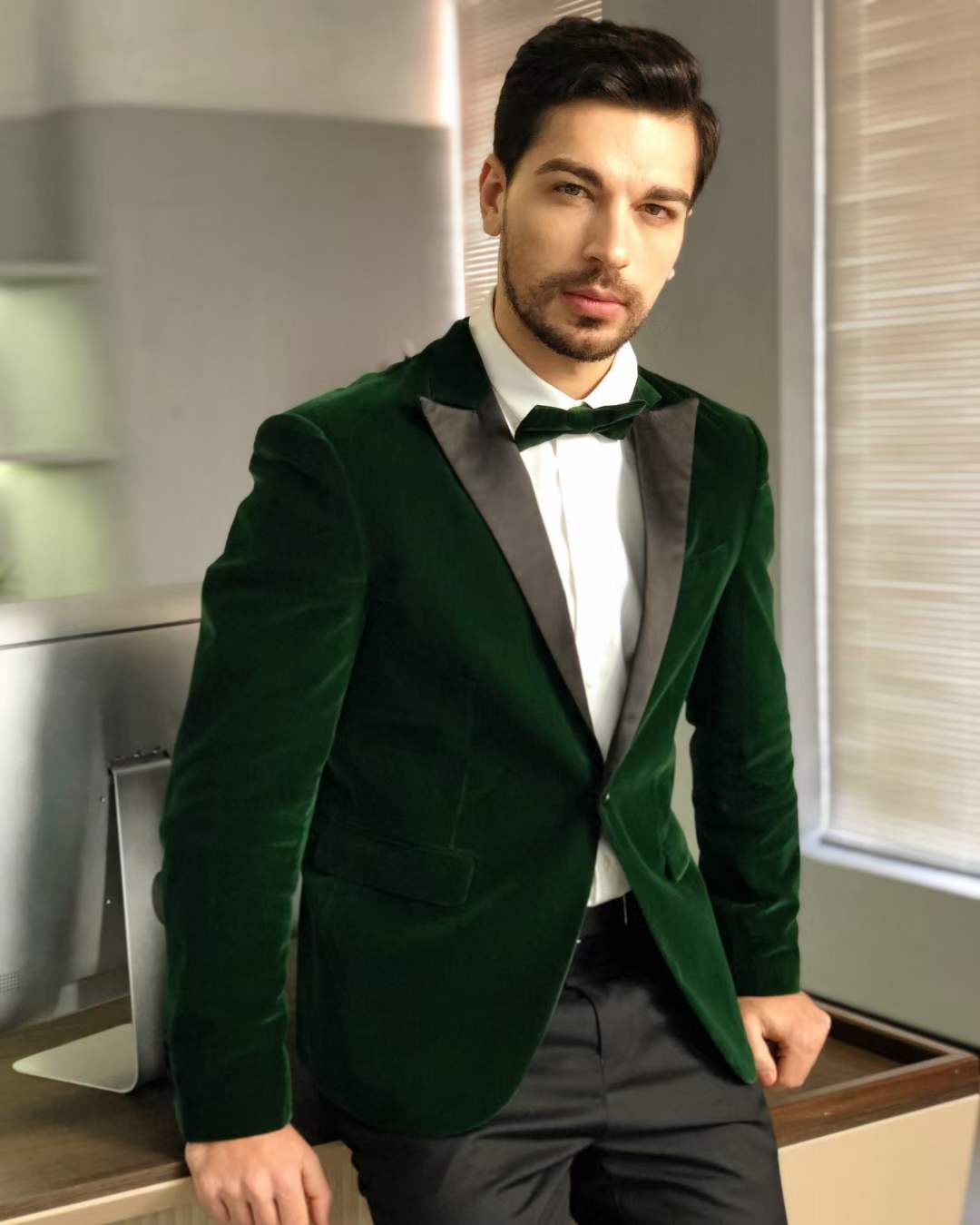 mens green velvet blazer - 1