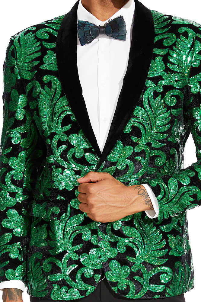 green sequin floral tuxedo details